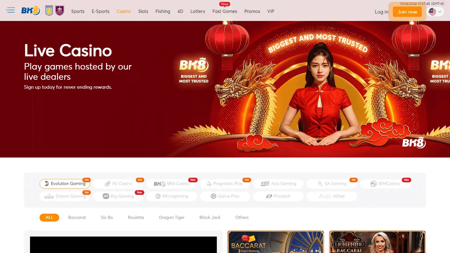 BK8 Casino game catalogue on desktop