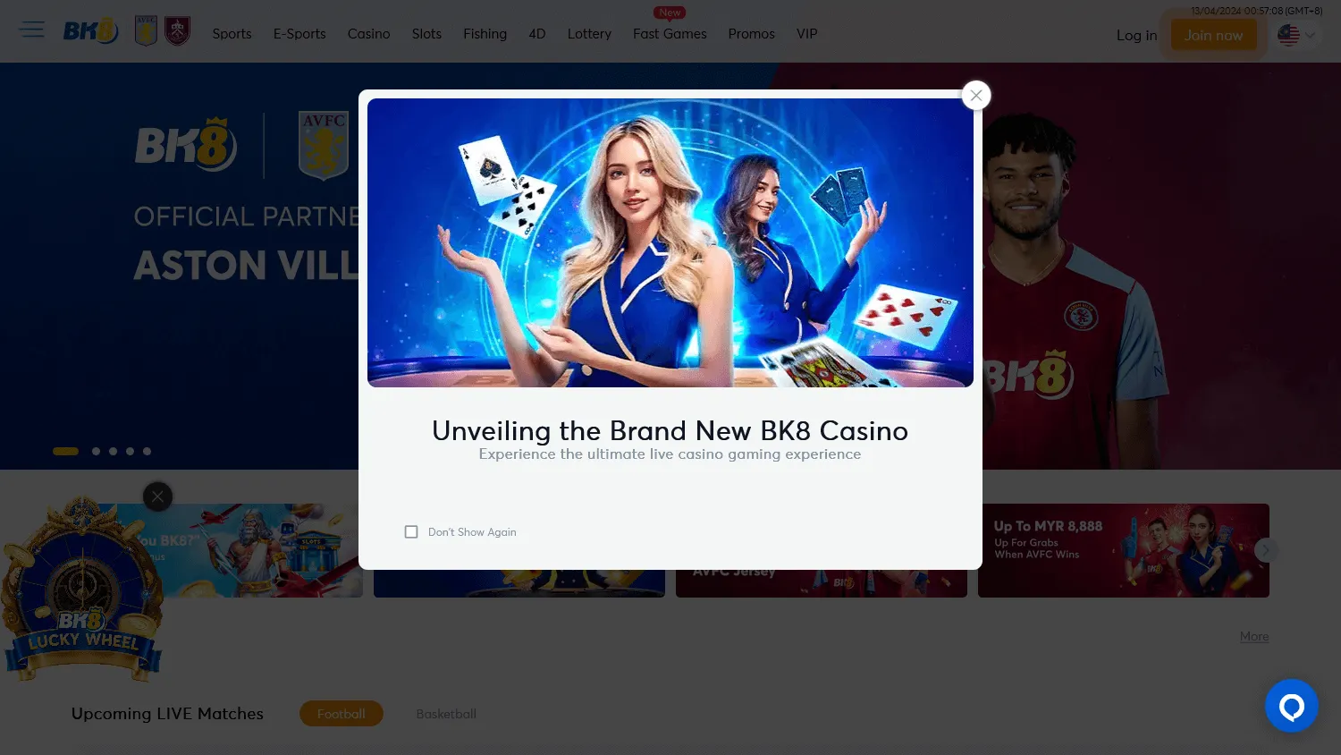 BK8 Casino home screen on desktop